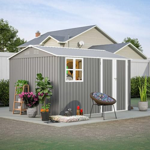 BIRCHTREE Garden Shed Steel Apex Roof House Outdoor Backyard Storage With Lockable Double Doors Window Free Foundation Tool Equipment Organizer Air Vents 10x8FT Grey