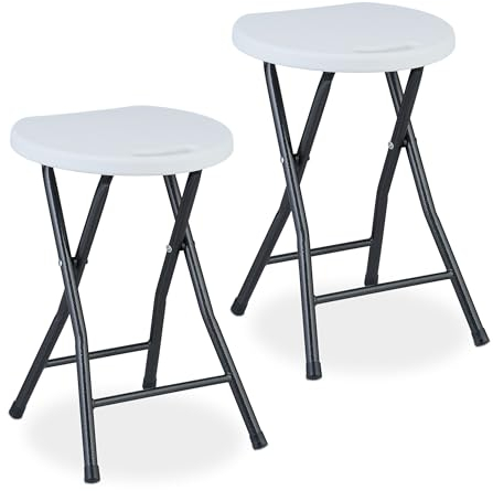 Relaxdays Klapphocker, 2er Set, Griff, Garten & Balkon, klappbarer Outdoor Sitzhocker, HxBxT: 46 x 31 x 30 cm, weiß