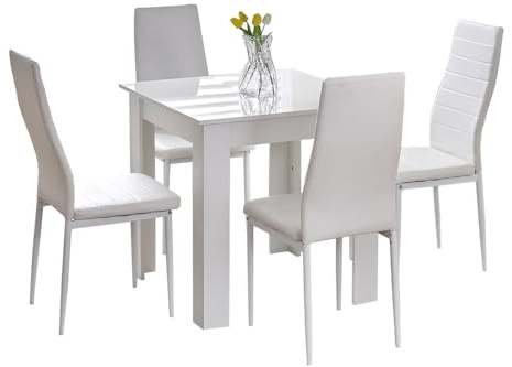 Rainbow Tree Modern 5 Piece Dining Room Table and Chairs Set, Wooden Square Table with 4 Chairs for Small Space Apartment Space Saving (White Table+4 White PU Chair)