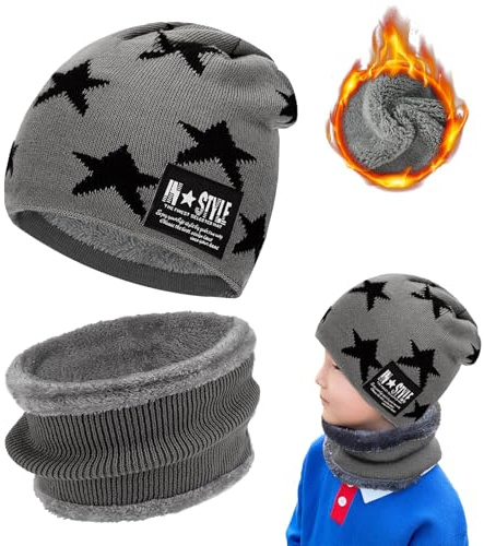 RCYHCY Berretto Invernale per Bambini, Berretto Sciarpa Invernale per Bambini con Fodera in Pile, Elastico in Maglia Beanie cap Scaldacollo, Adatto per 5-15 Anni Set di Cappello e Scaldacollo Bambino