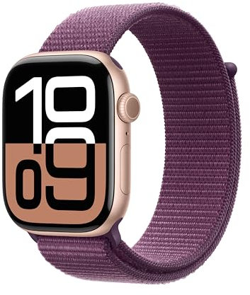 Apple Watch Series 10 (46 mm GPS) Montre connectée avec Boîtier en Aluminium Or Rose et Boucle Sport Prune. Suivi de l’activité Physique, app ECG, écran Retina Toujours activé, Neutre en Carbone