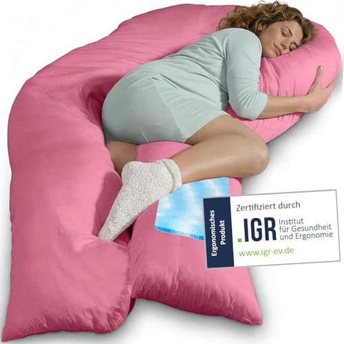 Traumreiter Seitenschläferkissen Visco XXL langes & hohes Hybrid Wendekissen mit Memory Foam [orthopädisch] + Watte Seite. Schwangerschaftskissen zum Schlafen Komfortkissen mit Bezug Baumwolle Pink