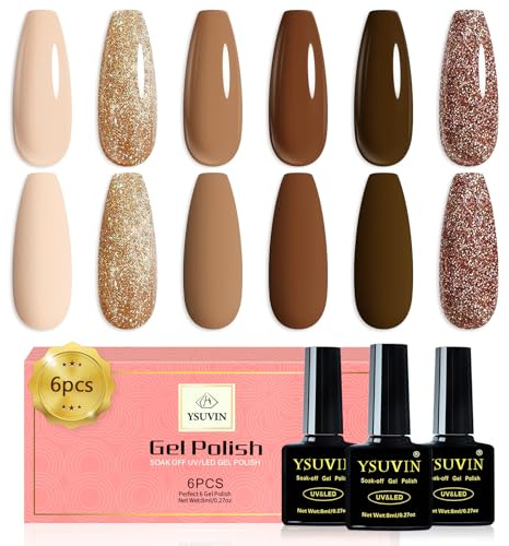 YSUVIN UV Nagellack, 6 Farben Nude Braun Khaki Kaffee Glitzer Burgunder Gold Gel Nagellack Soak-off UV Gellack für Anfänger DIY Nail Art Maniküre Salon, Langlebig, 8ML