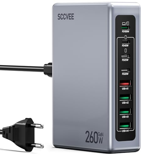 Caricatore USB C Multiplo, Stazione di Ricarica a 8 Porte 260W GaN Caricatore Rapido PPS QC3.0+PD 100W Laptop Caricabatterie, Compatibile con MacBook Pro/Air/ThinkPad/iPhone 15/16/Galaxy 23