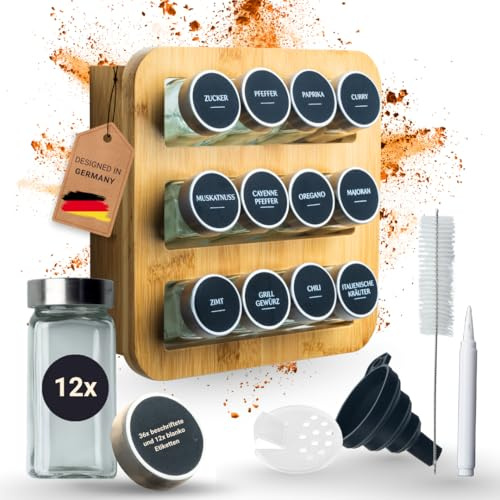 FARISIGN Woody Living Gewürzregal mit Gläser (12 Stück), Gewürzregal aus Holz für die Wand hängend, Gewürz Organizer, Edelstahldeckel, Bambusholz, Montagematerial