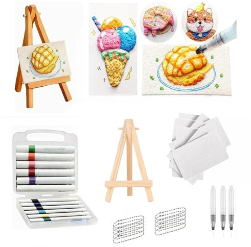 Kit de peinture à texture magique, éponge de dessin 3D avec 12 stylos de couleur, 3 pinceaux d'écriture (petit, moyen et grand), 10 chaînes de perles et mini tableau, papier de peinture texturé en