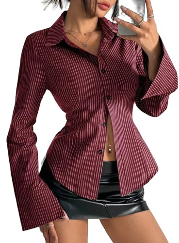 Women Y2K Striped Button Down Shirts Dress Shirts Long Sleeve Gingham Tee Collared Office Work Shirt Blouse Top (B Burgundy, M)