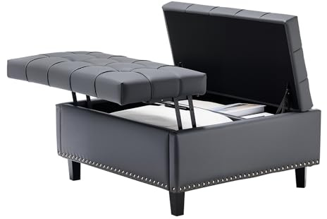 VEVOR Pouf de Rangement carré en Cuir, Table Basse capitonnée et rembourrée avec Plateau relevable et Rabattable, ottomane de Rangement en Similicuir Haute densité pour Salon, Chambre, dortoir, Gris
