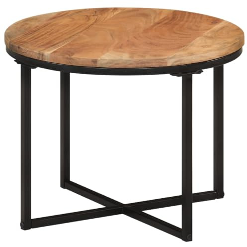 Makastle Couchtisch mit Runde Tischplatte aus Holz Akazie, Couchtisch mit Eisenrahmen für Wohnzimmer Esszimmer, Braun und Schwarzer 45x45x35 cm