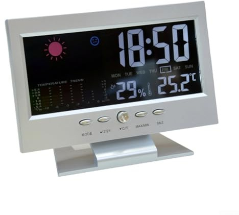 Stazione meteo digitale, termometro e igrometro con display di temperatura e umidità, retroilluminazione a controllo vocale 12/24h, supporto da tavolo e montaggio a parete (argento)