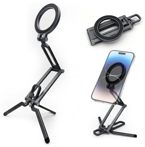 GONSIFACHA Magnetstativ för telefon, kompatibelt med Magsafe, 3-i-1 selfiepinne med karbinhake, hopfällbar stativ, kompakt, aluminiumdesign, kompatibel med iPhone 17 16 15 14