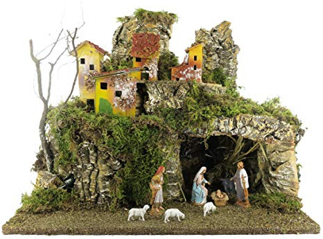 Ferrari & Arrighetti Villaggio Presepe Completo con Casette, Luci e Statuine da 6.5 Cm, Legno, Multicolore, 38x28x30 cm