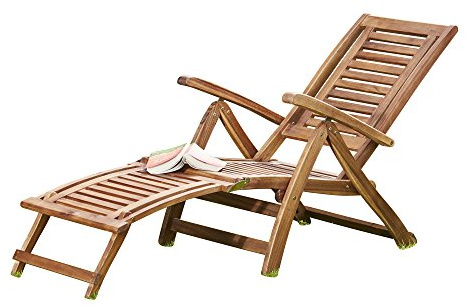Thompson & Morgan Acacia Hardwood Folding Steamer Deckchair Pre-Treated Garden Furniture with Adjustable Backrest & Integrated Footstool (1)