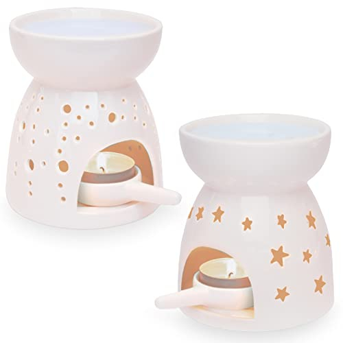 Ligano Lampada profumata in ceramica – Lampada aromatica con supporto per lumini – Grande ciotola per acqua per lunga durata – motivo a pois e stelle (set da 2)