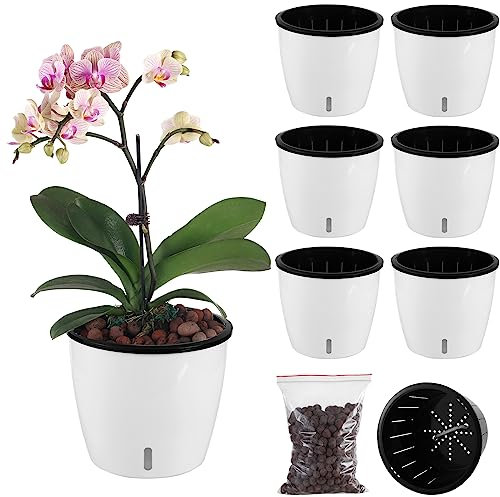 Planterhoma - Paquete de 6 macetas de riego automático para Plantas de Interior, 17 cm, con indicador, cordón Negro y Agujeros de Drenaje, para Violeta Africana, Hiedra del Diablo, Blanco