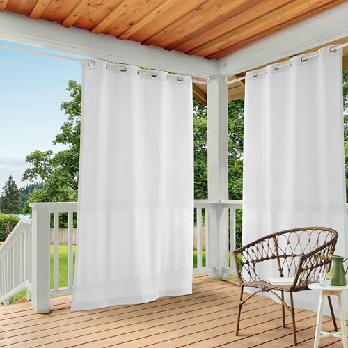 TOWN & COUNTRY BASICS Exclusive Home Cabana Solid Indoor/Outdoor Light Filtering Grommet Top Curtain Panel Pair, 54x144, White