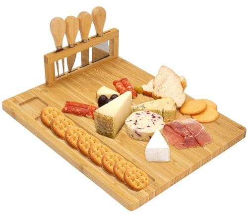 CUQOO Bamboo Cheese Board Gift Set – Charcuterie Board with 3 Stainless Steel Knives & Fork, Serving Platter with Compartment - Perfect for Home & Any Occasions