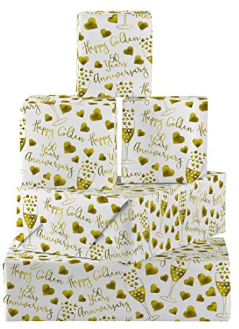 Hunts England - 5 fogli di carta da regalo divertente per il 50° anniversario di matrimonio d'oro - Include 5 etichette regalo - Collezione iconica - per marito, moglie, coppia, amici, ecc. - 50 anni