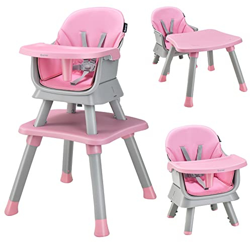 COSTWAY 6 en 1 Trona bebe, Silla Alta para Bebés, Trona Evolutiva Bebe Convertible, Trona Portatil Bebe, Silla de Alimentación Infantil con Arnes de 5 Puntos, Bandeja y Cojín Desmontables(Rosa)