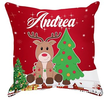 Puzzletee Cuscino Personalizzato Con il tuo Nome e Renna Natalizia con Luci di Natale e Nome Personalizzabile