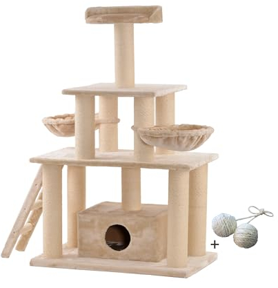 Rohrschneider Katzen-Kratzbaum Ginni XXL inkl. Spielballset – Stabiler Baum mit Natursisal, extra Dicke Holme, ideal für große oder mehrere Katzen