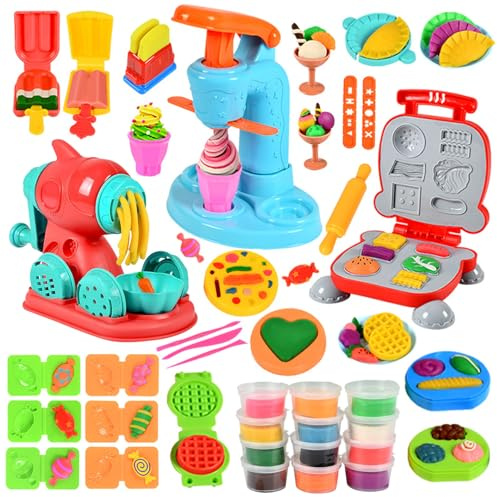 JurciCat Tillbehörsset För Modellera För Barn 51 Delar DIY Verktyg För Modellera Burger Machine Noodle Machine Glass Machine Clay Tillbehör Knådande Leksak Present För 3+ år Flicka & Pojke