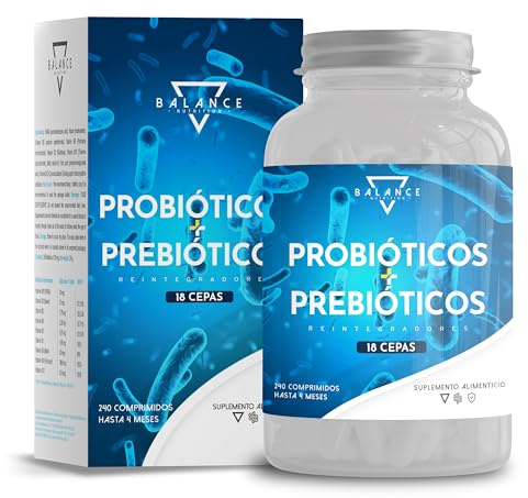 PROBIOTICOS INTESTINALES - 240 CAPSULAS | Probioticos y Prebioticos Intestinales | Espectro Completo de 18 Cepas Bacterianas incluidas, Lactobacillus, Enzimas Digestivas, Inulina | 10 Mil Millones UFC