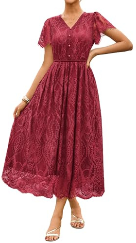 GRACE KARIN Casual Dress Women's Boho Short Sleeve Lace Dress Elegant Midi Casual Beach Dresses CL343-04 XL Burgundy