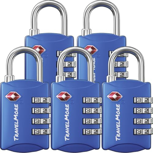 TravelMore TSA Approved Luggage Locks, Travel Padlocks for Suitcases | Durable, Sturdy, Easy Set Up & Use, Weatherproof, 4-Digit Security, for Suitcases, Backpacks, Bags, Zippers, 5-Pack, Blue