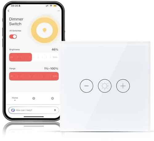 Interruptor de Atenuador Inteligente WiFi, 1 vía Interruptor Regulador de Luz Táctil compatible con Control por voz de Alexa y Google Home, Control Mediante APP Smart Life/Tuya, Requiere Cable Neutro