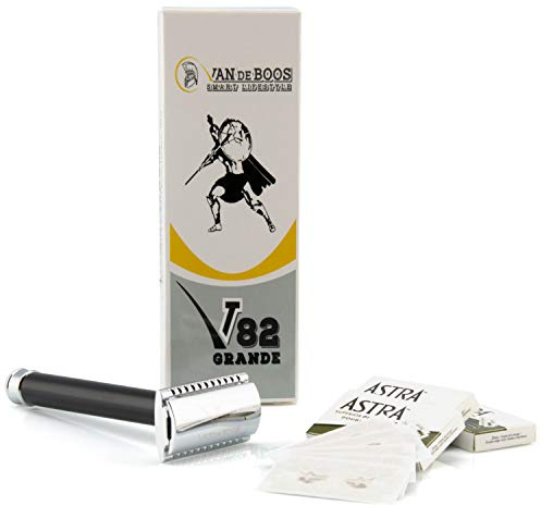 Van De Boos Rasoio premium con custodia da viaggio e 5 lamette Astra rasoio affilato con testa a lama bitaglio e sistema a 3 parti con pettine incluso colore argentonero confezione scatola premium
