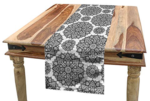 ABAKUHAUS Mandala Tischläufer, Oriental Mandala-Entwurf, Esszimmer Küche Rechteckiger Dekorativer Tischläufer, 40 x 180 cm, Schwarz und Weiß