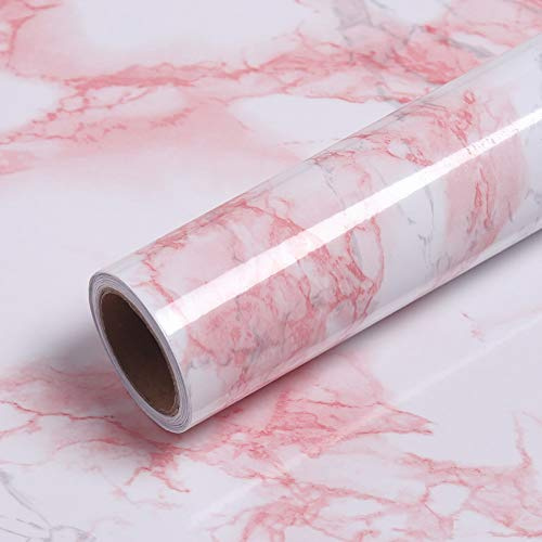 VEELIKE Marble Wallpaper Sticky Back Plastic Roll 40cm x 300cm Granite Washable Wallpaper Oilproof White and Pink Self Adhesive Contact Paper Vinyl Film for Worktop Drawer Table
