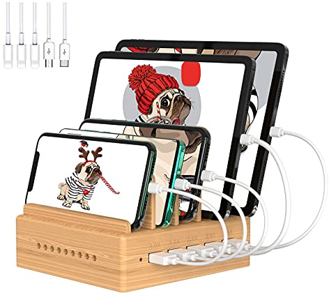 OthoKing - Station de charge pour téléphone portable, USB, charge multiple pour plusieurs appareils et smartphones, en bambou, avec 5 câbles