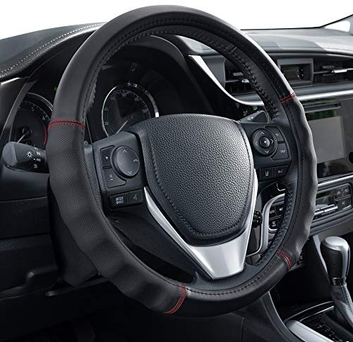 Motor Trend Faux Leather Steering Wheel Cover, Standard 15 inch Size, Comfort Grip Design, Solid Black Car Steering Wheel Cover for Truck Van SUV Auto