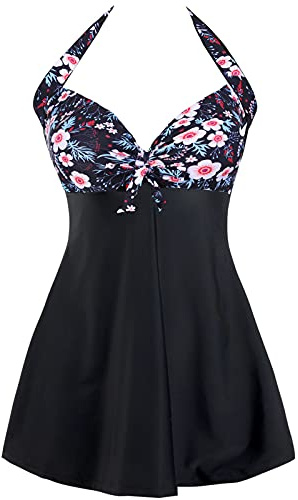 Sixyotie Femme Maillot de Bain Une Pièce Taille Haute Rétro Monokini à avec Jupette Fleur Amincissant (Pink Flower,XL)