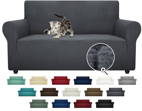 ZNSAYOTX Super Stretch Couch Cover Love Seat Sofa Covers for Living Room Dogs Pet Friendly Furniture Protector Spandex Loveseat Slipcovers with Anti Slip Foam Sticks (Dark Grey, Loveseat)