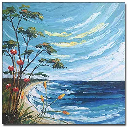 XIANGPEIFBH Paisaje Marino Puro Pintado a Mano Lienzo Pintura al óleo Paleta Cuchillo Pared Cuadros Arte Ilustraciones para Sala decoración 40x40 cm / 15.7 x 15.7 Marco Blanco-3