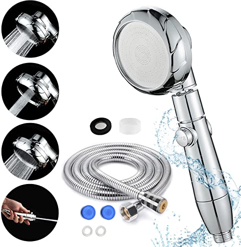 Duschkopf, Duschkopf mit Schlauch 2m & Wasserstopp-Funktion, Duschbrause Druckerhöhend Wassersparend, 3 Strahlarten Regendusche Handbrause Groß,Brausekopf Hochdruck Sparduschkopf für Baden & Spa-Chrom