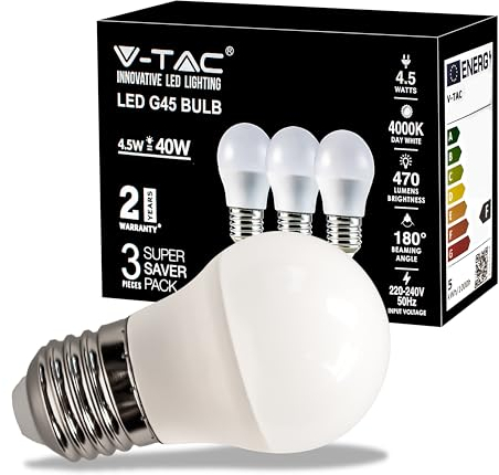 V-TAC Lampadina LED con Attacco E27 4,5W (Equivalenti a 40W) G45-470 Lumen - Lampadina LED Massima Efficienza e Risparmio Energetico - Luce 4000K Bianca Naturale (Box 3 Pezzi)