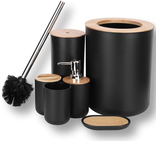 6-teiliges Badezimmer-Zubehör-Set, Schwarzes Badezimmer-Organizer aus Bambus, Badausstattung Set, Zahnbürstenhalter, Mülleimer, Seifenschale, Spender, Becher, Toilettenbürste für Toilette, Waschraum