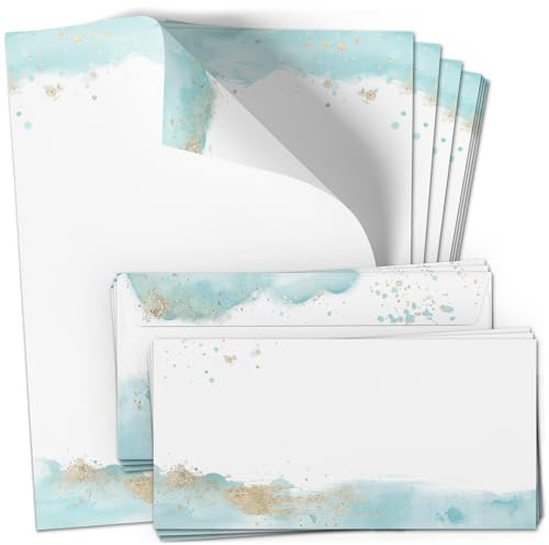 50 Briefpapier und Briefumschlag SET | Aquarell Gold Look Türkis Blau Boho | Papier und Umschlag mit Design-Motiv bedruckt | 90 g/m²