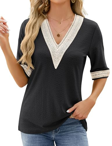 HANERDUN Camicia Donna Elegante Maglietta Donna Manica Corta in Stile Bohémien Sexy Top Estivo con Scollo a V in Pizzo Camicetta a Mezza Manica