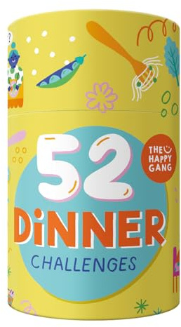The Happy Gang 3103745 interaktivt familjespel, 52 Dinner Challenges, roligt actionspel för familjer, uppgifter kort för vuxna och barn från 6 år