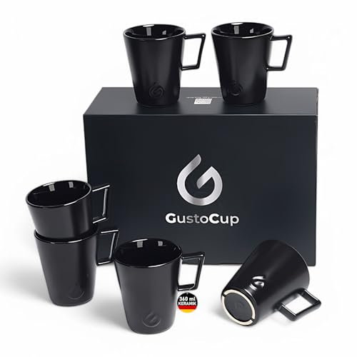 GustoCup® Premium Kaffeetassen Set 6er - Kaffeetassen groß 360 ml - spülmaschinenfest, mikrowellenfest, kratzfest - schwarz matte Kaffeetasse für Cappuccino, Tee, Matcha - Keramiktasse, Tassen Set 6er