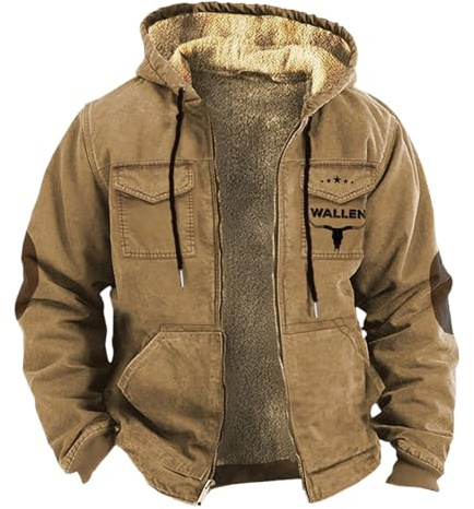 Uwdiohq Chaqueta Vaquera Occidental con Capucha Y Estampado 3D De Algodon Cálido Doble Bolsillo Terciopelo Grueso para Hombre Invierno Plumas Ropa