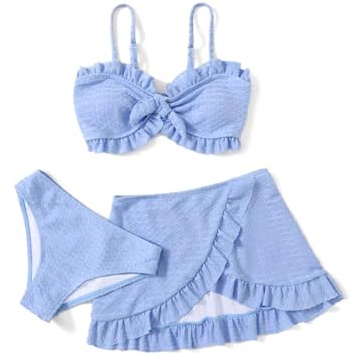Arshiner Trajes de baño de 3 Piezas para niñas, Top de Bikini con Parte Delantera torcida, bañador de Color Liso, Falda para Cubrir la Arena, Traje de baño para Playa y Piscina para 5 a 14 años