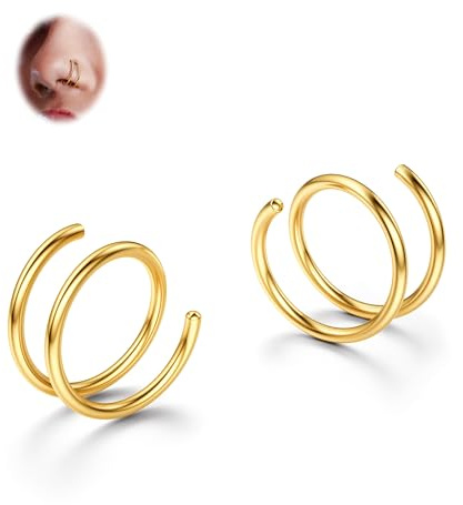 BodyBonita 2 Pezzi Ammorbidito 316L Acciaio Inossidabile Doppio Cerchio Piercing Naso per Piercing Singolo 18G Anelli per il Naso a Spirale Pieghevoli a Cerchio per Donna Oro 8 mm