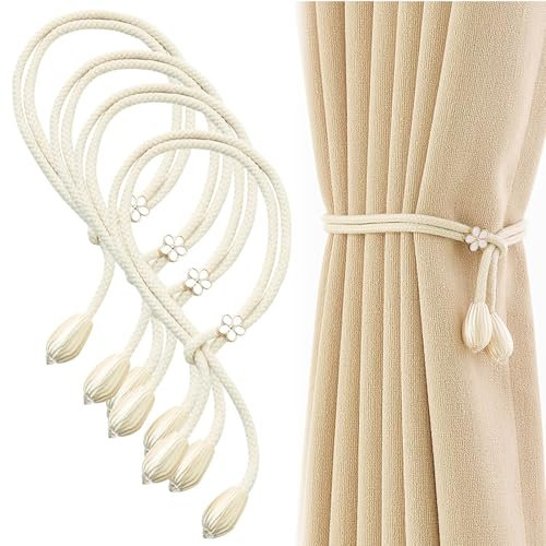 4 Piezas de Sujeta Cortinas, Abrazaderas para Cortinas, Alzapaños de Cortinas de Algodón Handmade, Abrazadera de Cortina, Sujeta Cortinas, Alzapaños para Cortinas, Beige