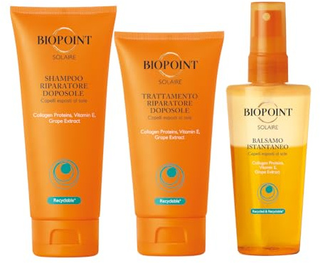 Biopoint Solaire Doposole Capelli, Shampoo Ristrutturante 200 ml +Trattamento Riparatore Capelli 150 ml + Balsamo Istantaneo per Capelli Senza Risciacquo 100ml, Dona Idratazione e Luminosità